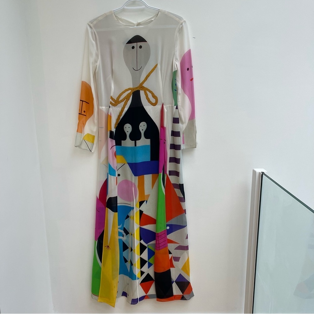 AKRIS Alex Girard Multicolor Abstract Long Sleeve Silk layered maxi dress size 4 - Picture 3 of 11
